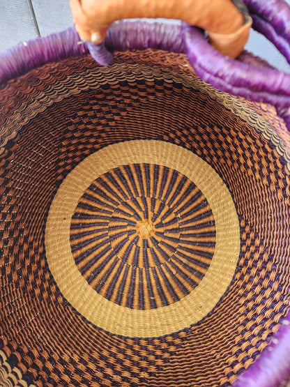 Vintage Market Basket Handwoven Grass Leather Handle 13" Deep 18" Wide