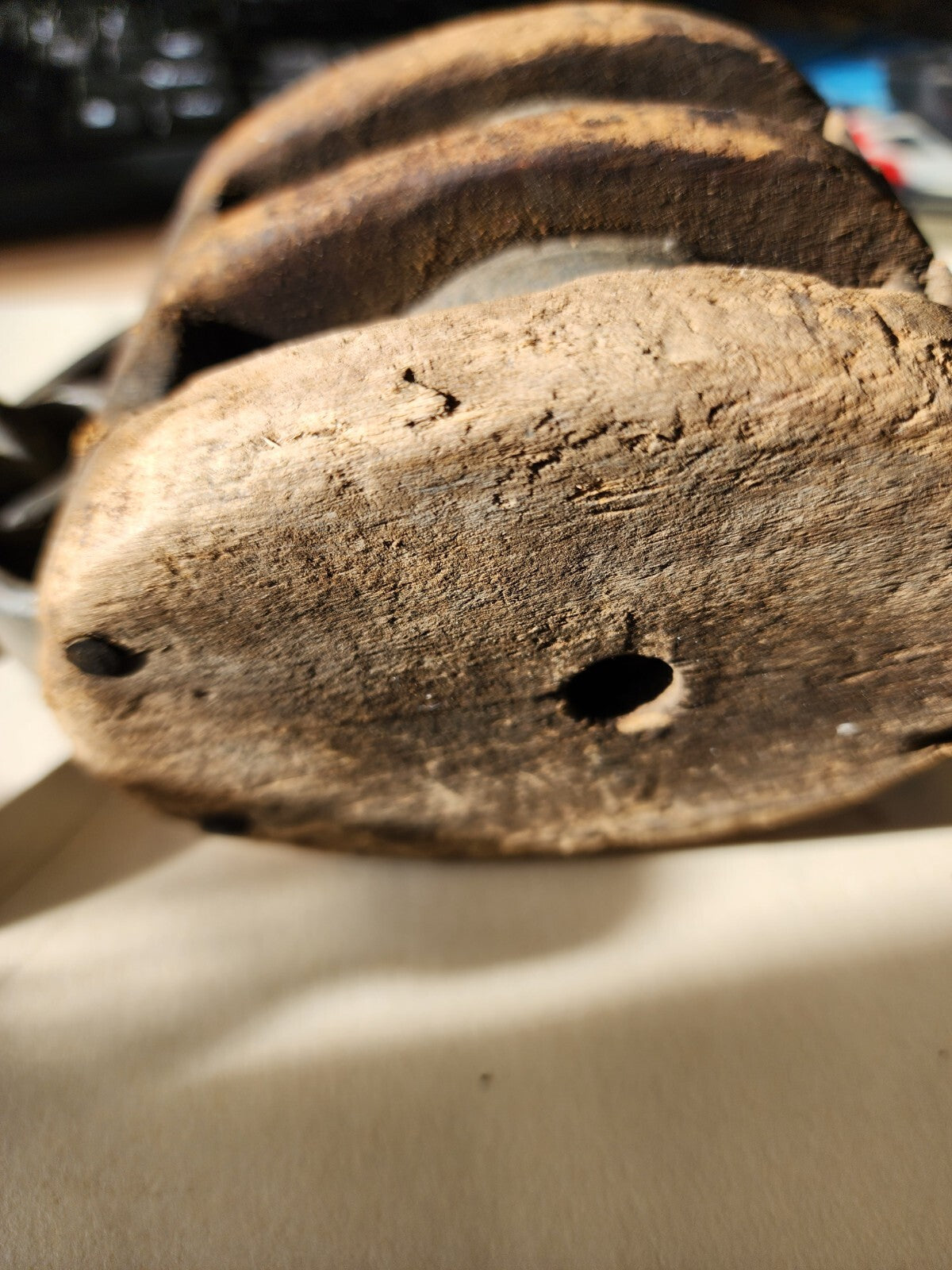 Antique Wooden Snatch Block Double Pulley Farm Tool With Two Hooks