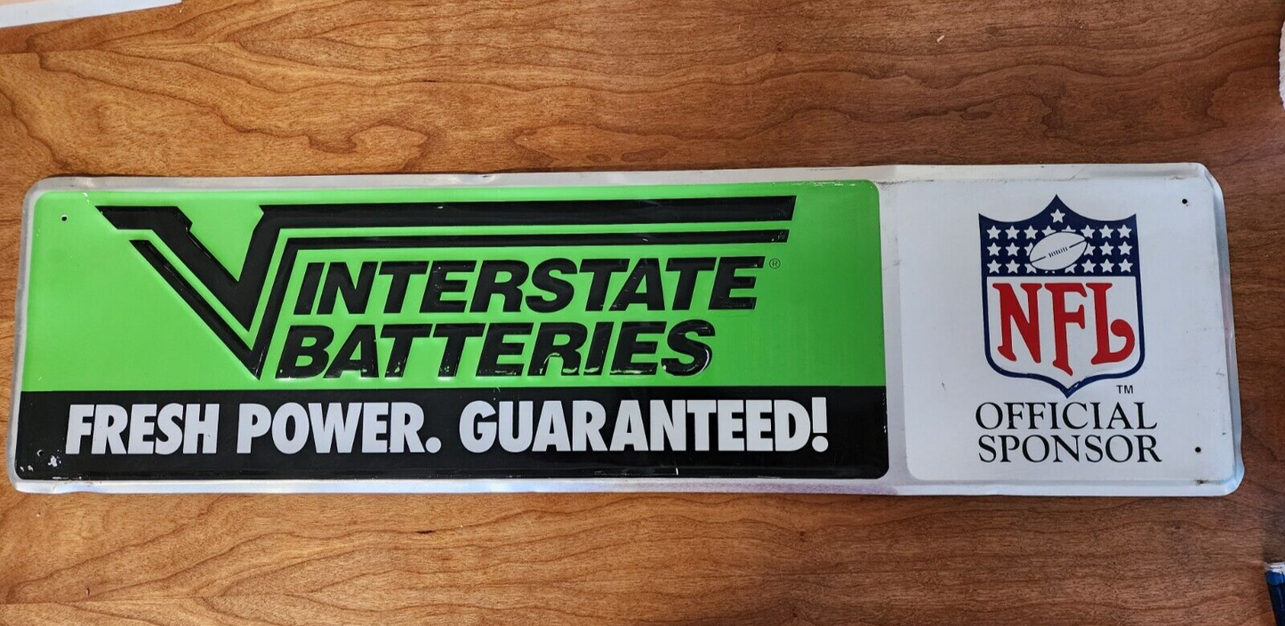 Vtg Interstate Batteries Fresh Power NFL Official Sponsor Metal Sign 30" x 8"