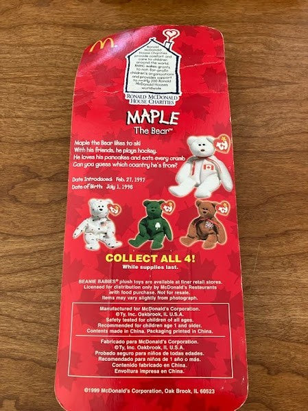 Mcdonald's TY Maple The Bear Beanie Baby Canada