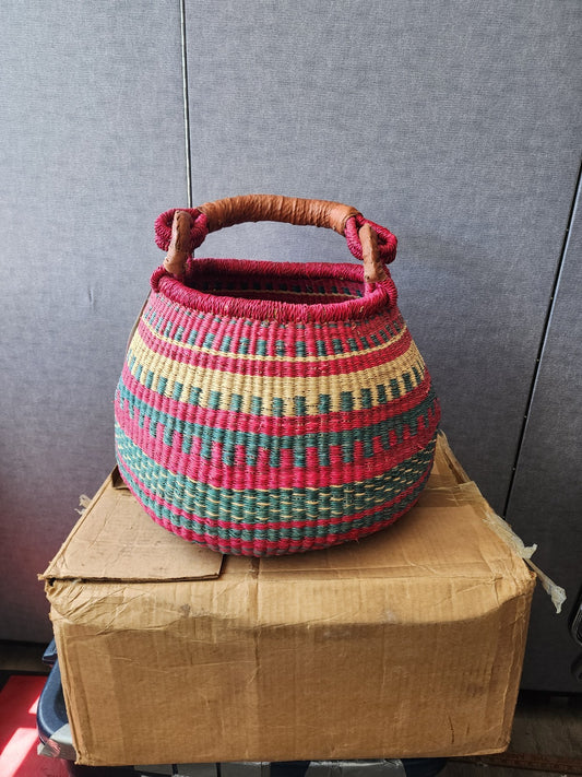 Large Woven African Market Basket Leather Handle 18" Wide x 10” Deep