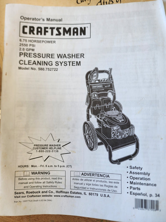Craftsman Pressure Washer Operator's Manual Model 580.752722