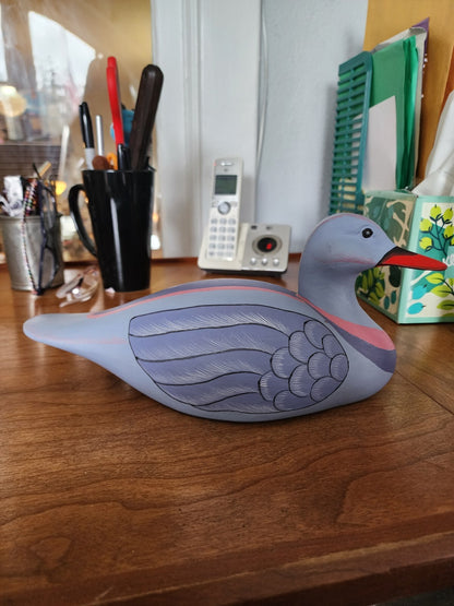 Hand Carved Wooden Duck Blue and Pink - 11"