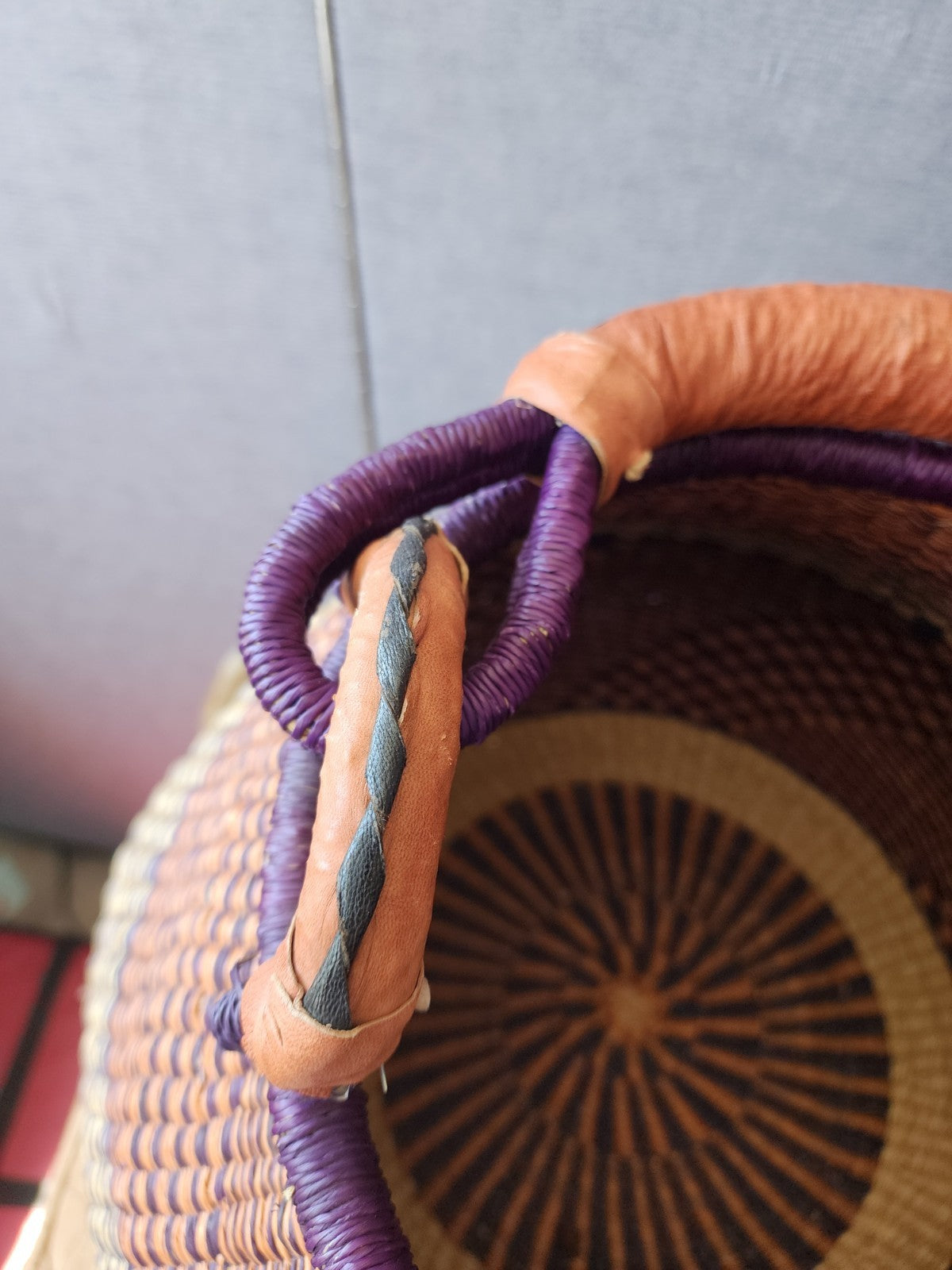 Vintage Market Basket Handwoven Grass Leather Handle 13" Deep 18" Wide