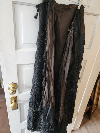 Edwardian Antique Full Long Beaded Skirt Black Silk/Taffeta