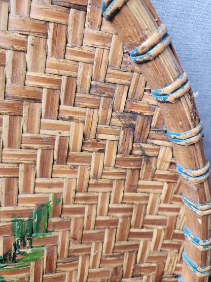 19th Century Floral Chinese Woven Bamboo Serving Tray 27" Diameter