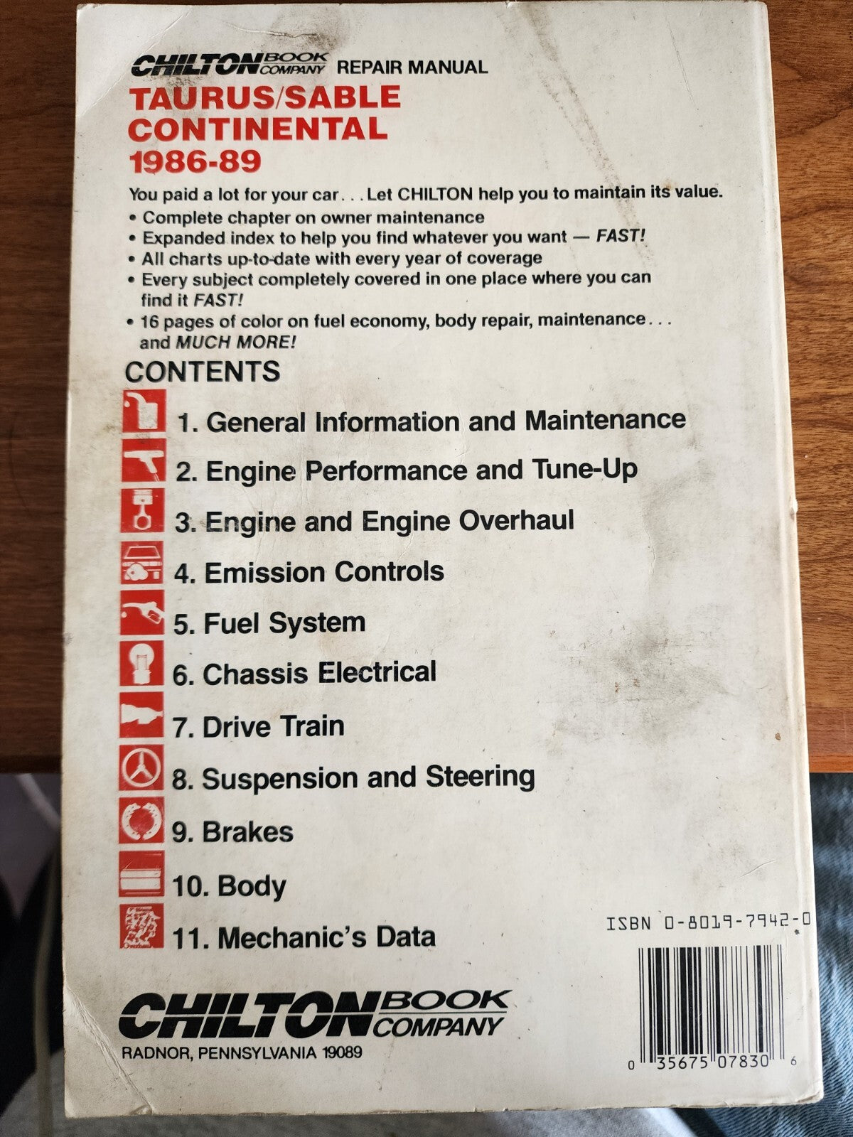 No. 7830 Chilton Repair Manual Taurus Sable Continental 1986-89