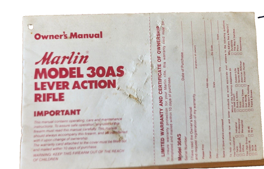 MARLIN Model 444 Lever Action Rifle Owner's Manual W/Certificate of Ownership