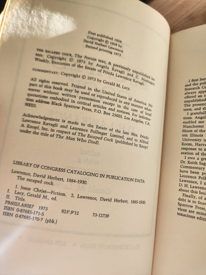 Vintage book The Escaped Cock by D. H. LAWRENCE 1973 Black Sparrow Press