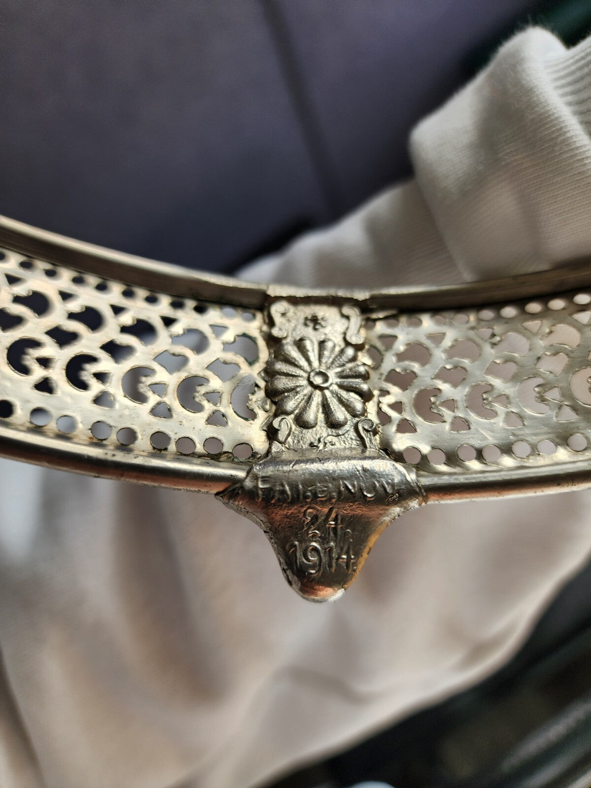 Antique Silver Plate Holder - Two Handle 9.5” round 2” deep 1914