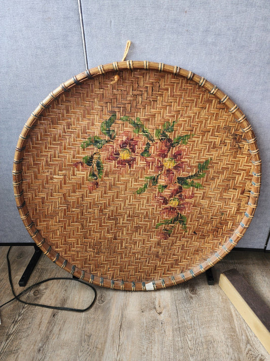 19th Century Floral Chinese Woven Bamboo Serving Tray 27" Diameter