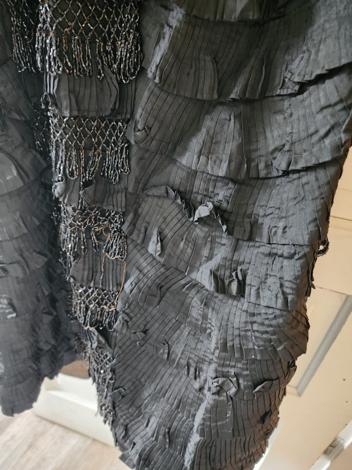 Edwardian Antique Full Long Beaded Skirt Black Silk/Taffeta