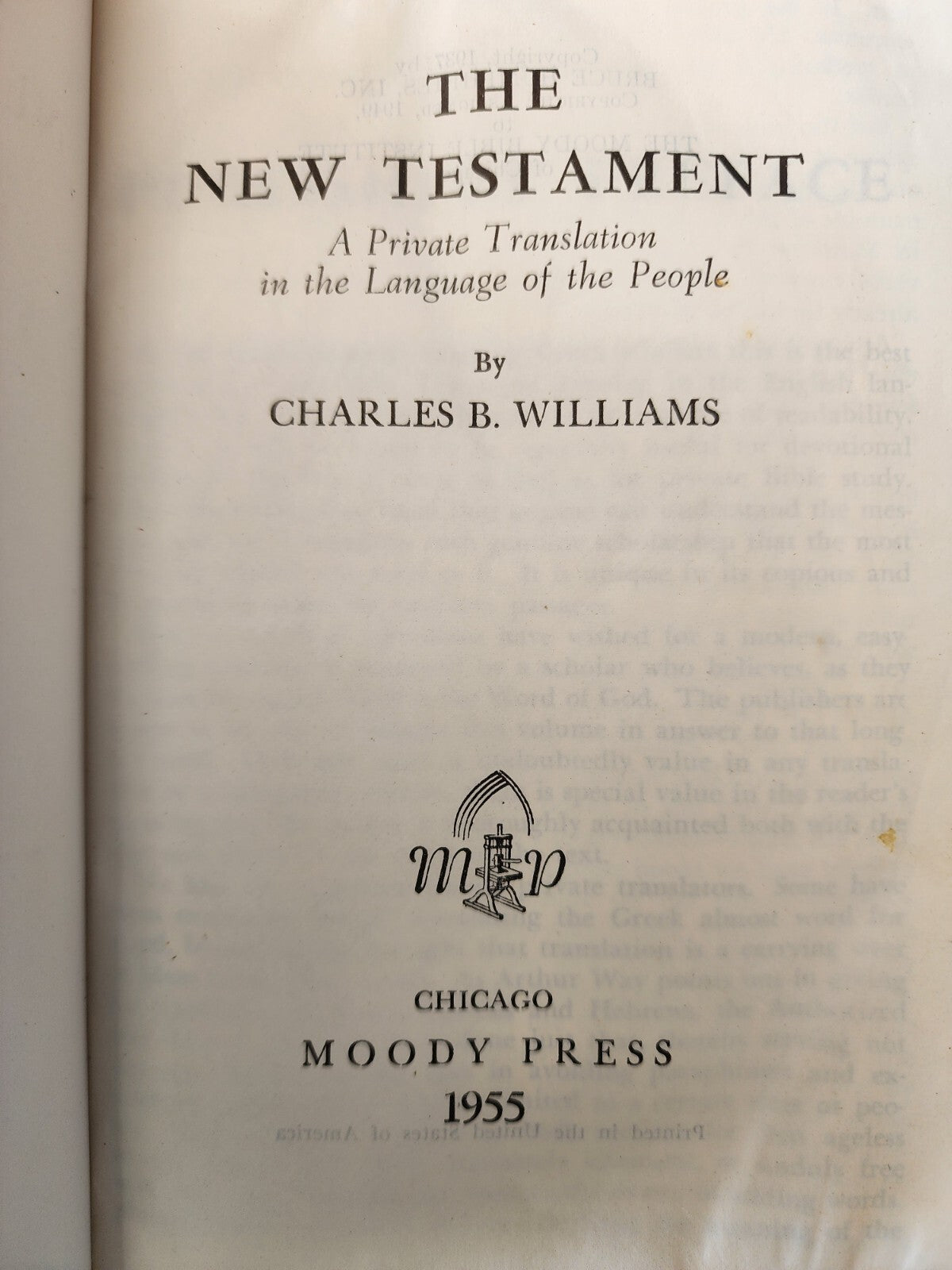 The New Testament, Charles Williams Black Leather, 1960 Moody Press