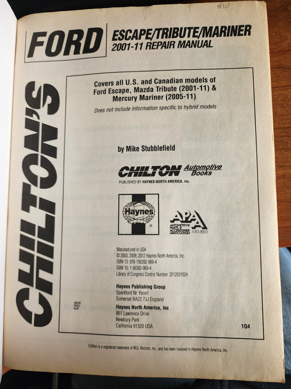 Chilton Ford Escape/Tribute/Mariner 2001-11 Repair Manual #26230