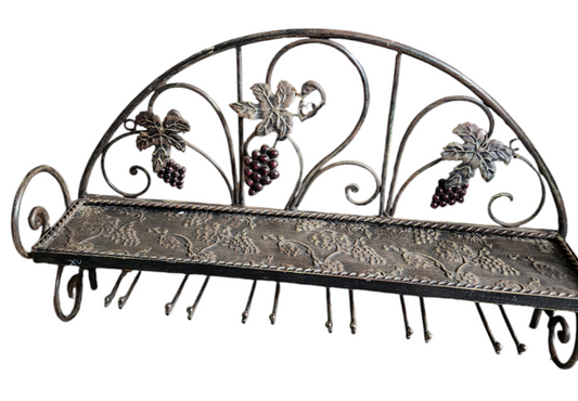 Large Wine Rack with Grape Vine Decor - Fits 6 Wine Bottles & 6 Glasses