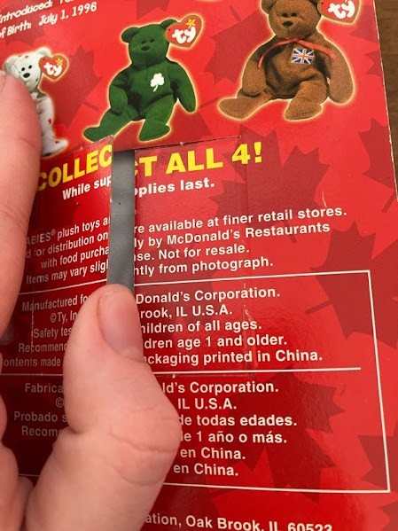 TY McDonalds Beanie Baby - Erin Maple Britannia Glory the Bear - FULL SET OF 4