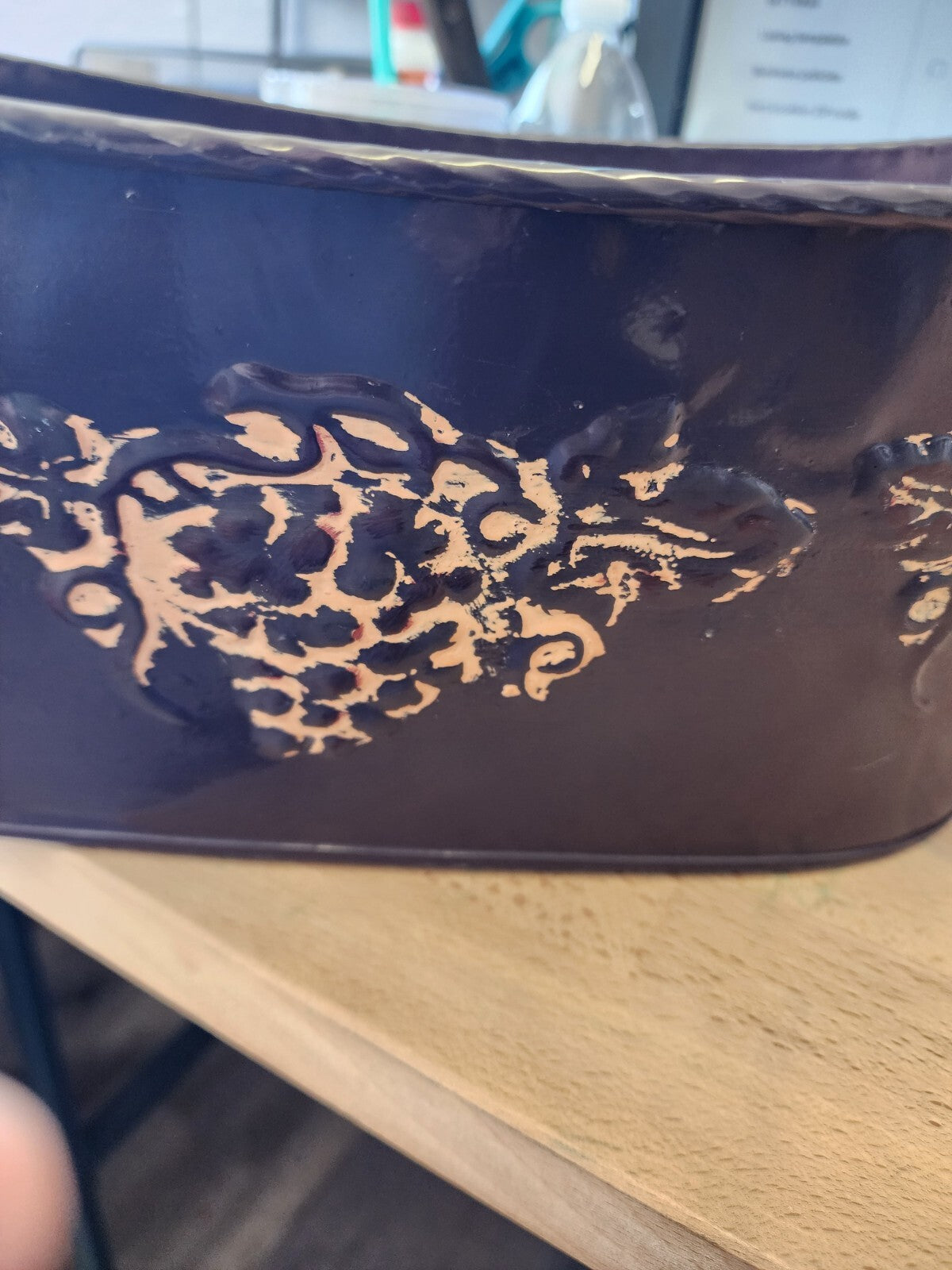 Purple decorative metal tin with handles 18" x 8" x 5"