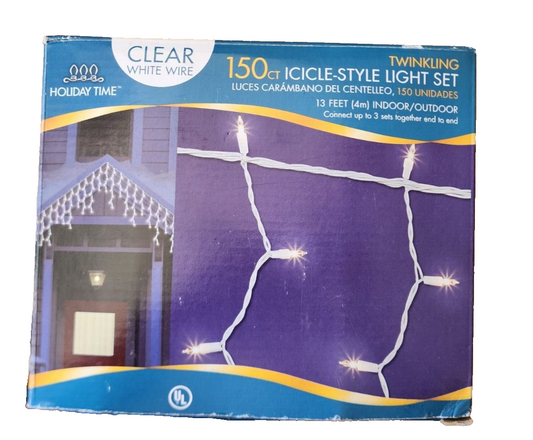Holiday Time Twinkling Icicle Style Clear Light Set, 150ct Indoor Outdoor