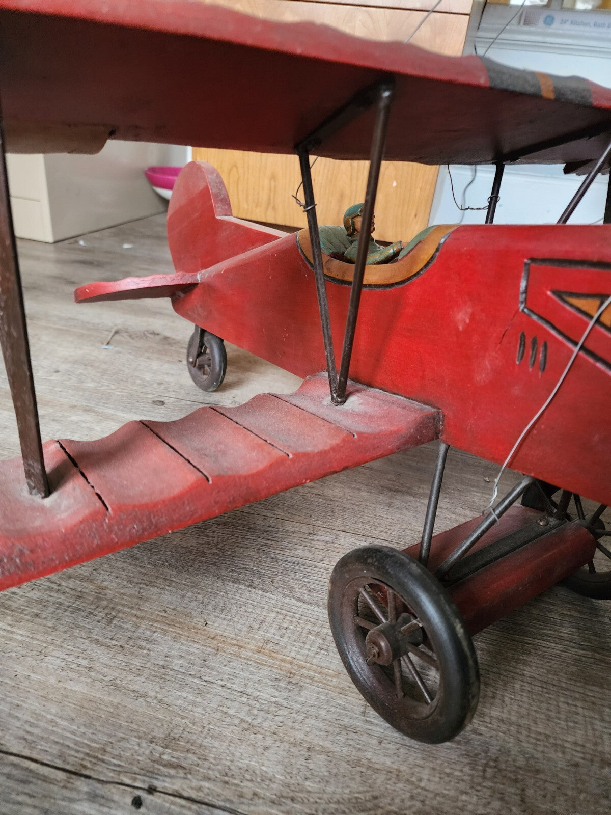 Vintage Large Red Baron Wooden Bi Plane w/ Metal Wheels
