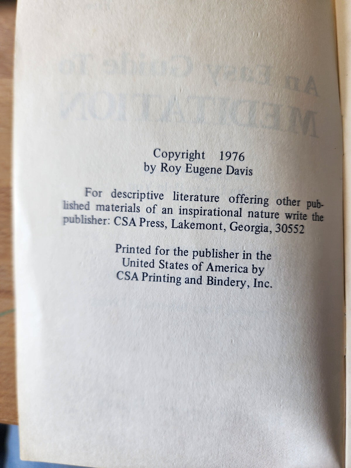 Vintage 1976 An Easy Guide to Meditation Booklet - Roy Davis, CSA Press