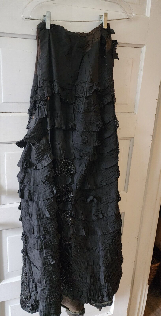 Edwardian Antique Full Long Beaded Skirt Black Silk/Taffeta