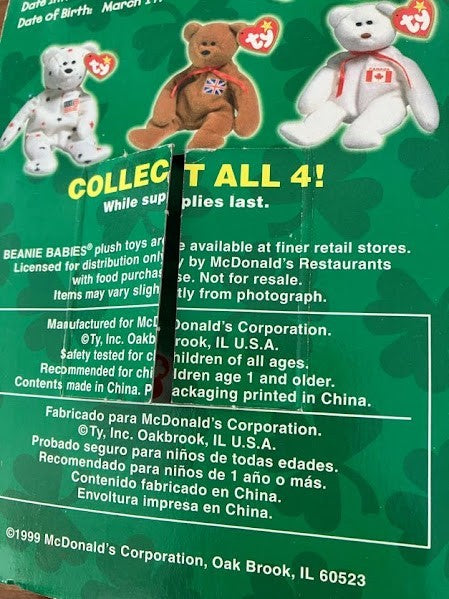 TY McDonalds Beanie Baby - Erin Maple Britannia Glory the Bear - FULL SET OF 4