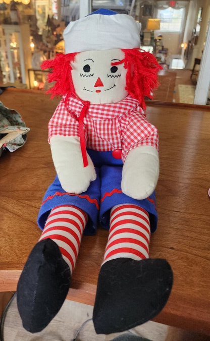 Handmade Raggedy Andy Doll 17” Embroidered Face with Sailor Hat