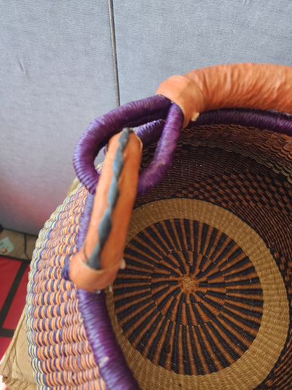 Vintage Market Basket Handwoven Grass Leather Handle 13" Deep 18" Wide