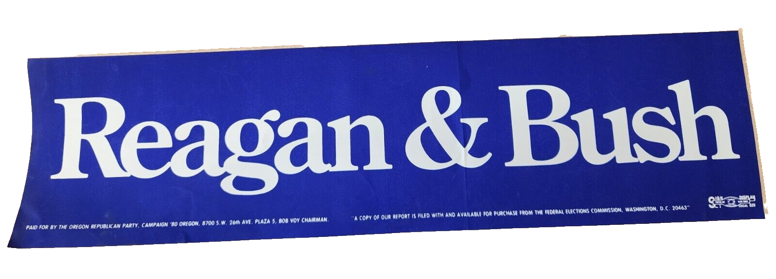 ORIGINAL 1980'S REAGAN & BUSH BUMPER STICKER ~3" x 11" PRESIDENTIAL CAMPAIGN