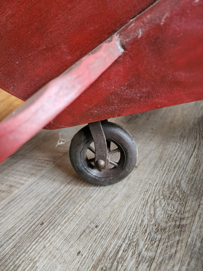 Vintage Large Red Baron Wooden Bi Plane w/ Metal Wheels