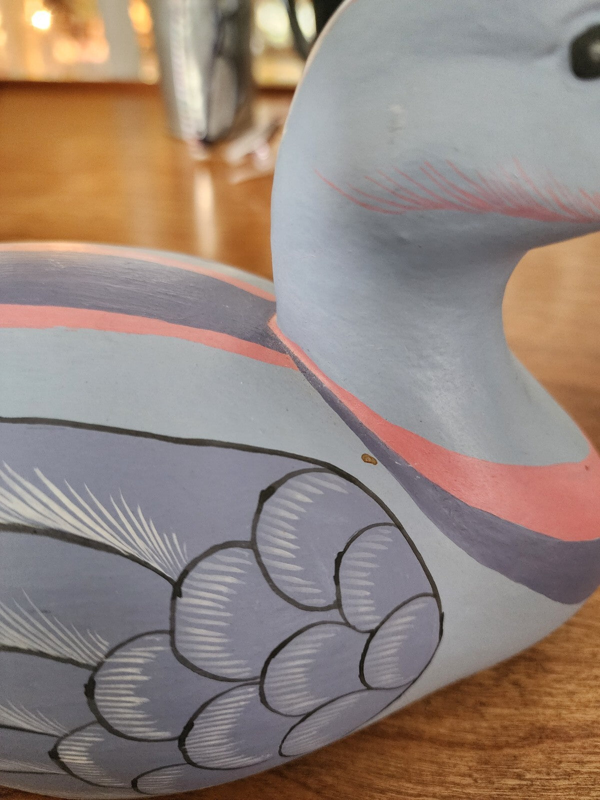Hand Carved Wooden Duck Blue and Pink - 11"