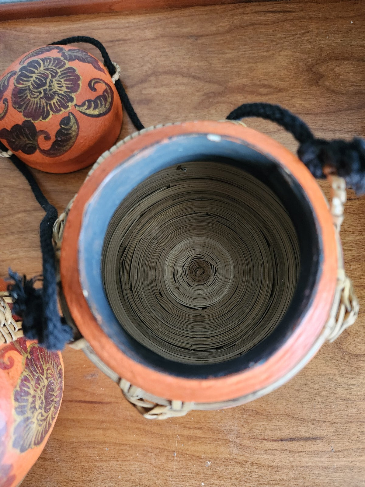 Lof of 2 Vintage Oriental Bamboo Woven Thai Hanging Rice Box