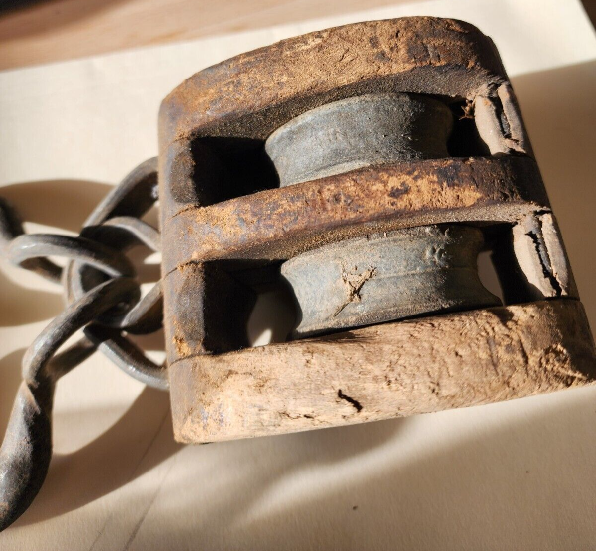 Antique Wooden Snatch Block Double Pulley Farm Tool With Two Hooks