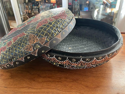Boho Dot Art Basket - Balinese Rattan Basket/Lid Hand Woven and Painted