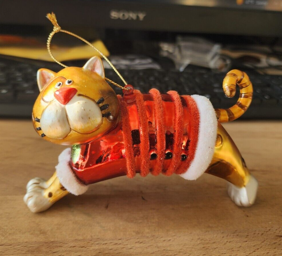 5.25" Orange Cat In Red Sweater Stretching Christmas Ornament