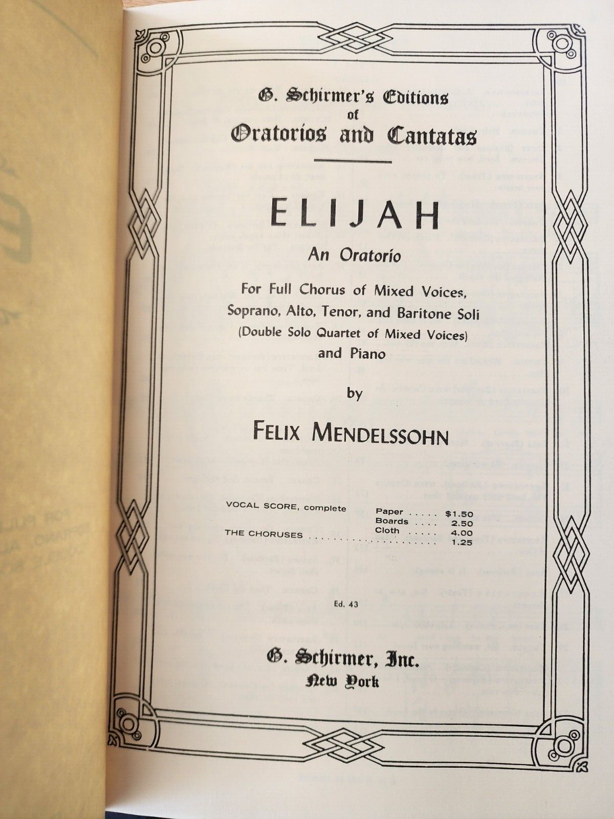 Elijah: An Oratorio by Felix Mendelssohn - G. Schirmer, Ed. 43 - Paperback
