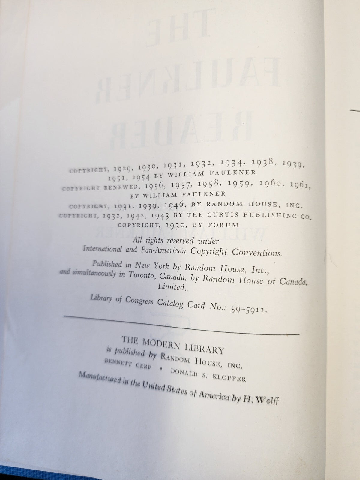 THE WILLIAM FAULKNER READER 1961 The Modern Library HC (b15)