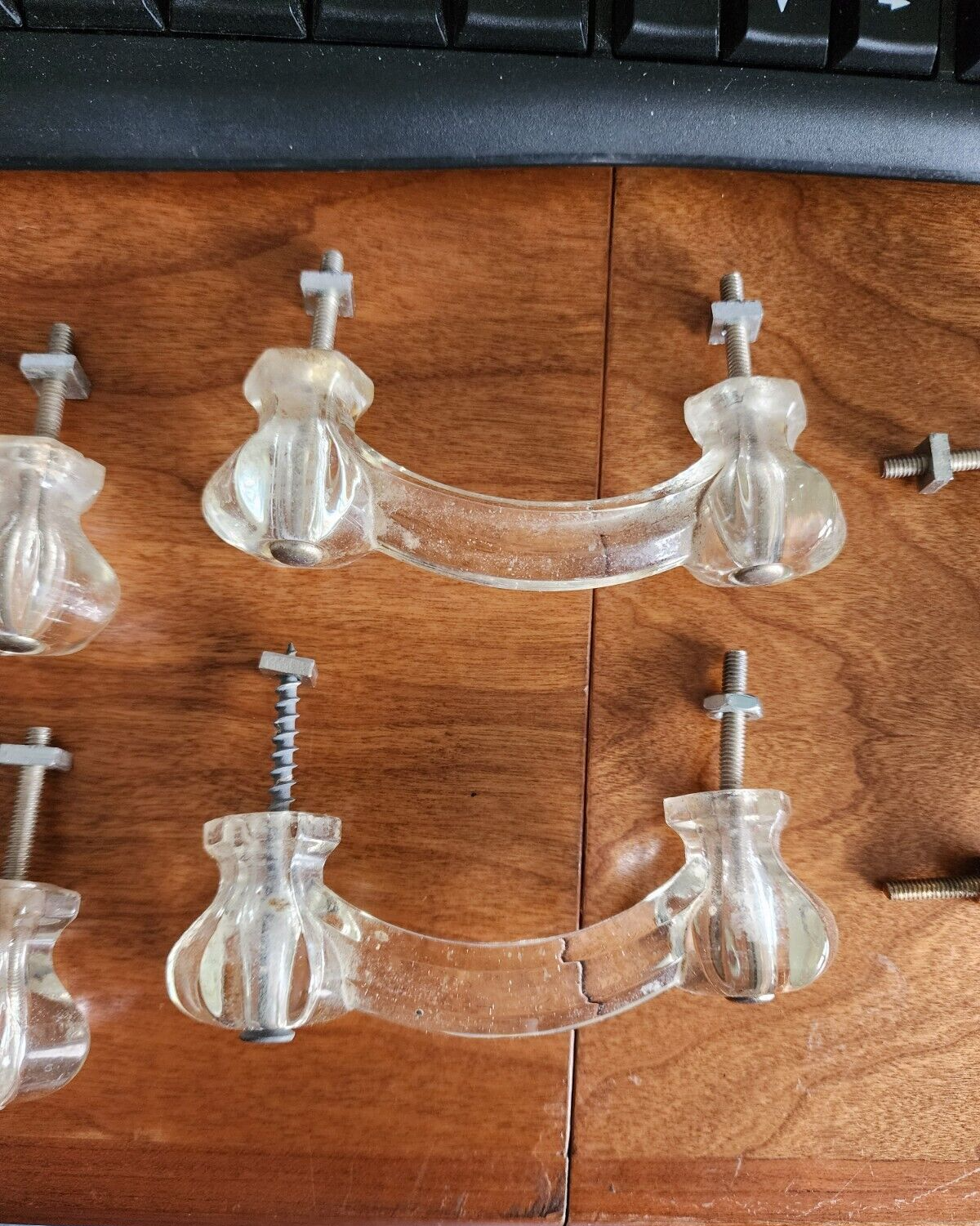 7 Vintage 6-sid Small Glass 4" Handles Pull Hardware