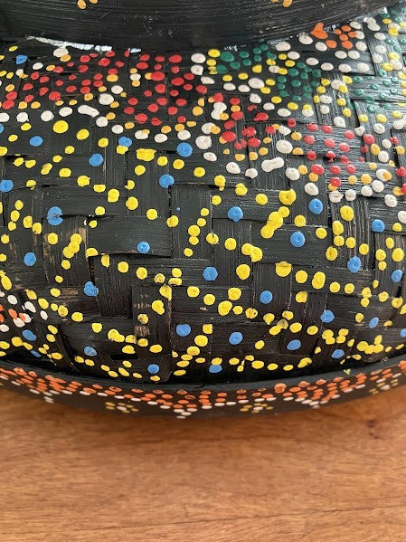 Boho Dot Art Basket - Balinese Rattan Basket/Lid Hand Woven and Painted