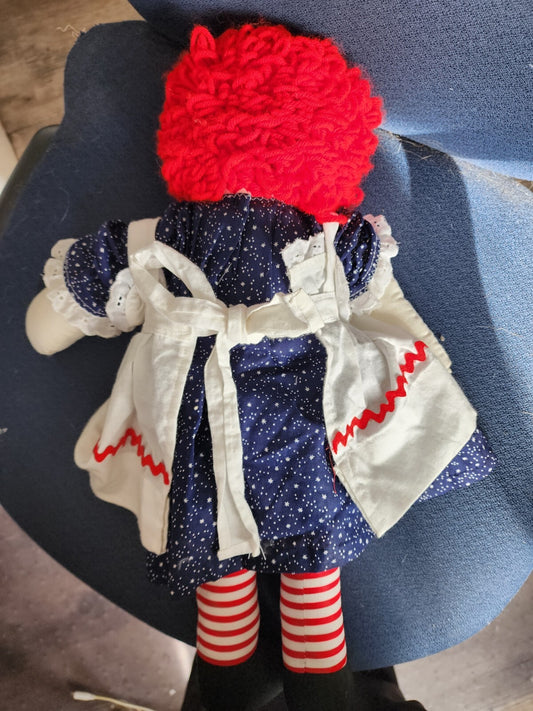 Vtg Raggedy Ann Cloth Doll Starry Dress White Apron 20in