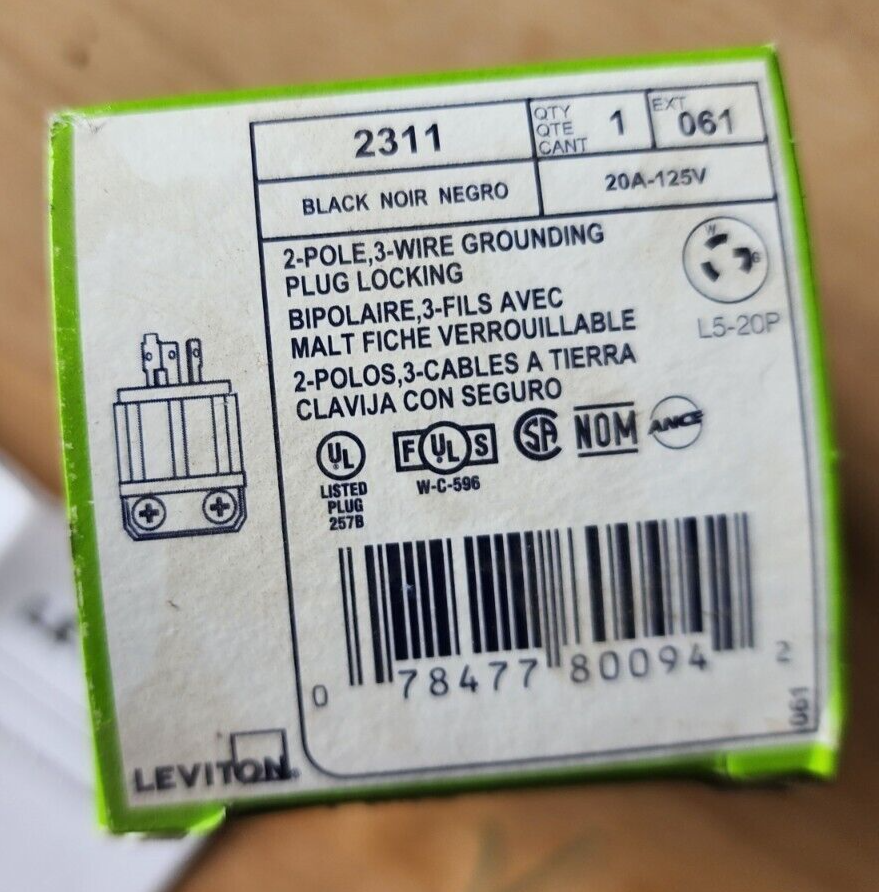 Leviton Black & White Locking Connector 20A 125V 3P4W #2311