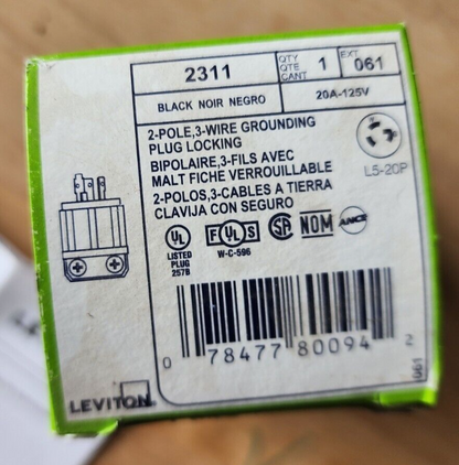 Leviton Black & White Locking Connector 20A 125V 3P4W #2311