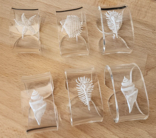 Vtg 6 Acrylic Lucite Clear Fossil Style Shell Napkin Rings Etched