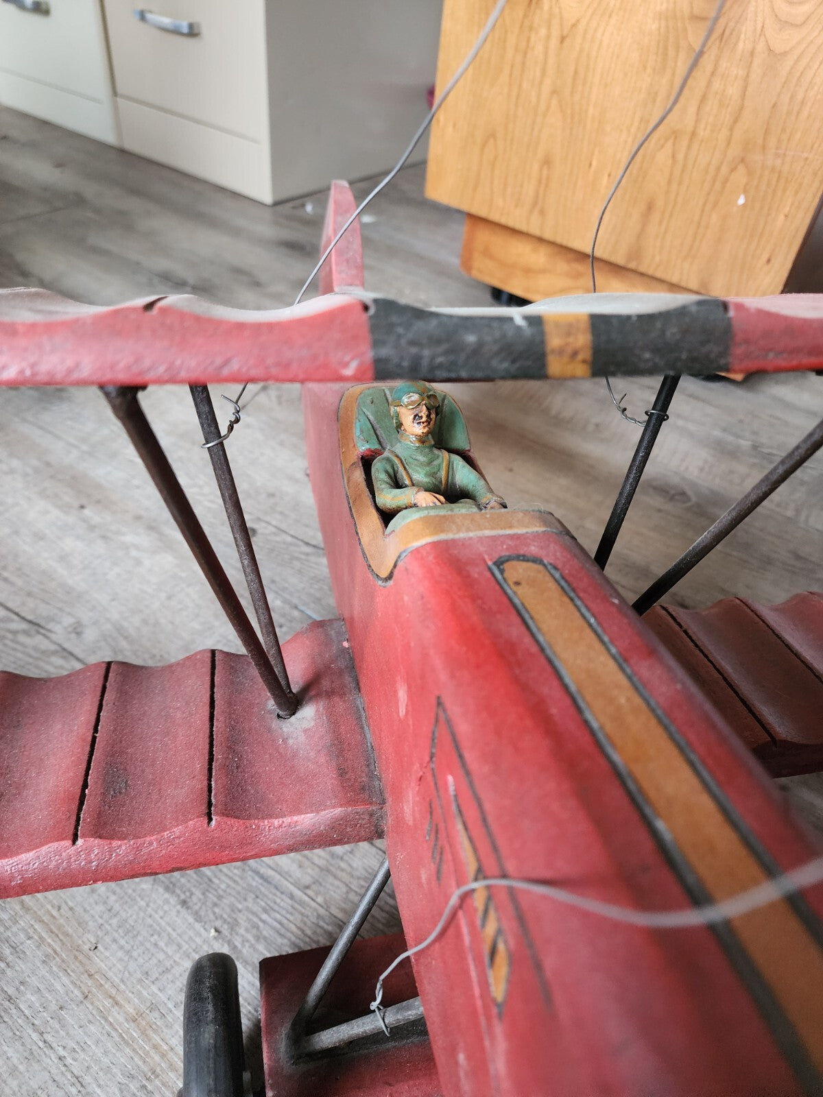 Vintage Large Red Baron Wooden Bi Plane w/ Metal Wheels