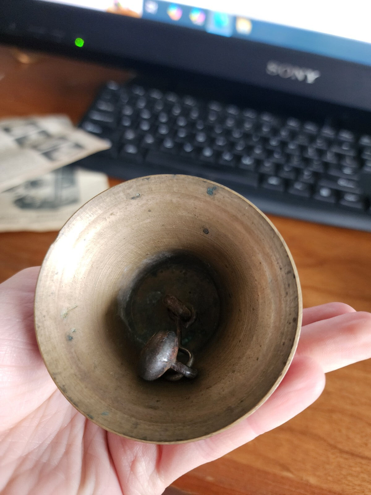 Vtg 6" Dinner Teachers Brass Bell with Wood Handle