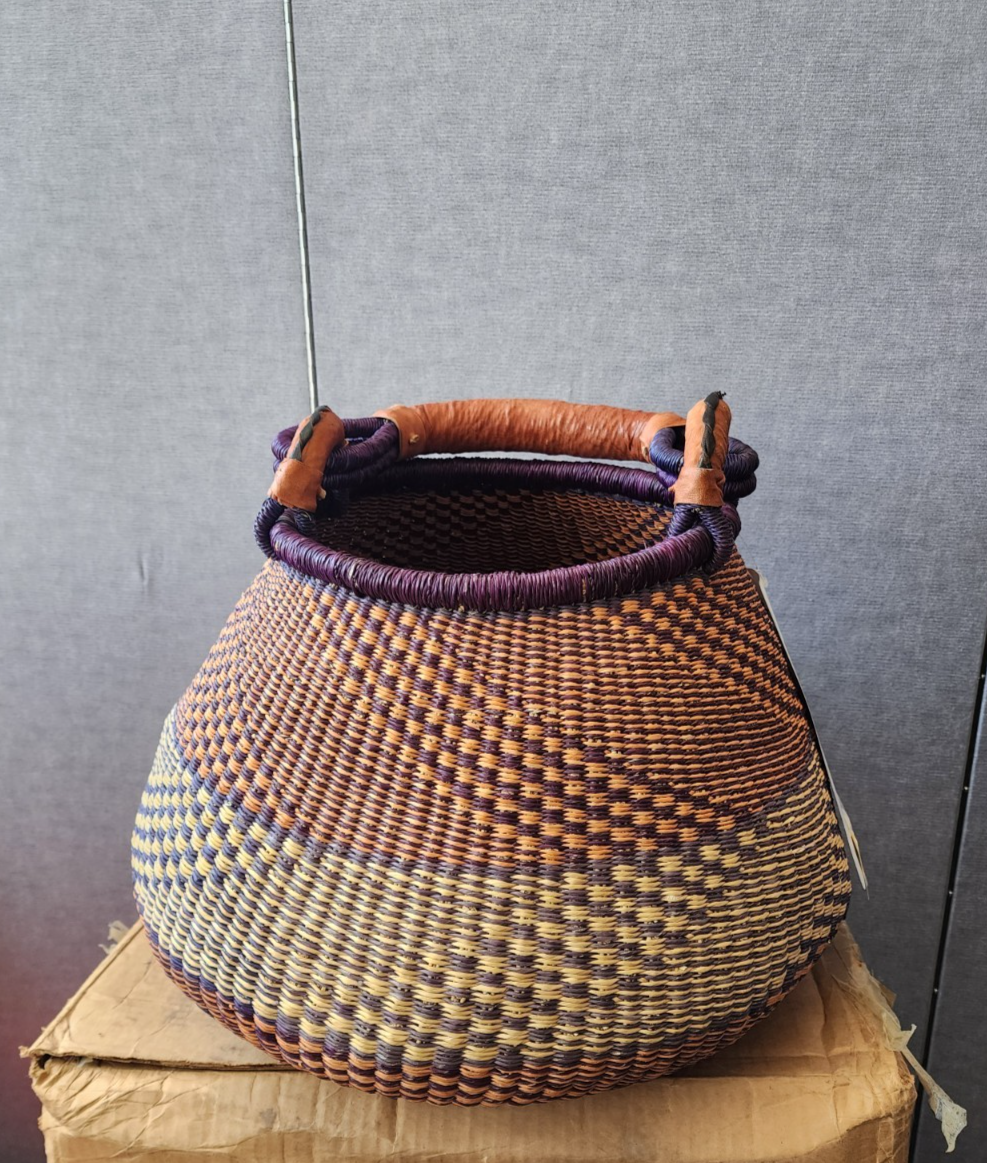 Vintage Market Basket Handwoven Grass Leather Handle 13" Deep 18" Wide