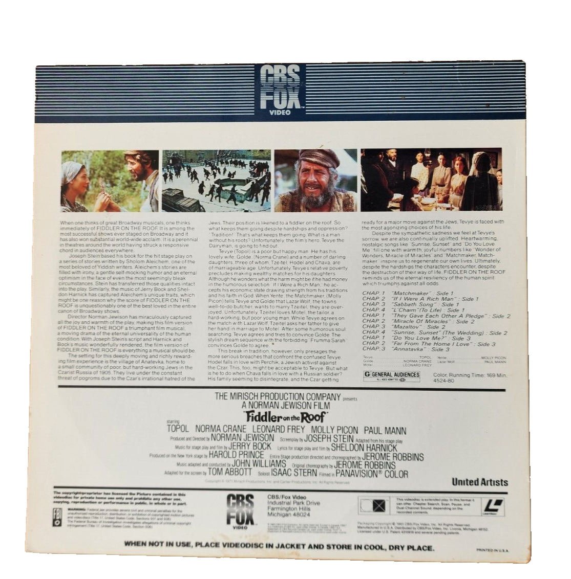 Fiddler On The Roof (1971) Deluxe Letter-Box Edition 2-Laser Disc Videodisc