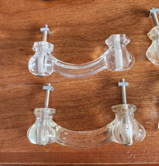 7 Vintage 6-sid Small Glass 4" Handles Pull Hardware