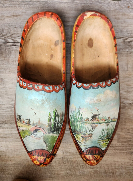 Vintage Decorated Dutch Wooden Clogs Shoes Hand Carved & Painted