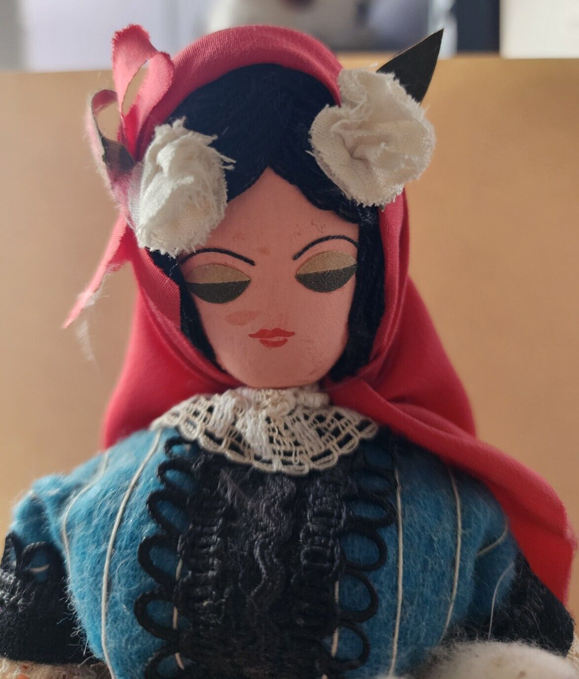 BULGARIA Doll Folk Costume Large 12" Tall Vintage Holding Yarn